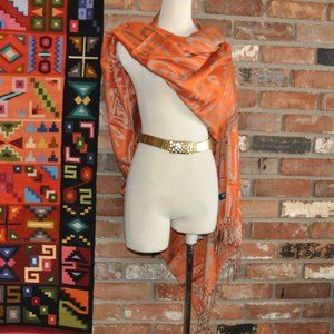 100% Cashmere Orange & Taupe Wavy Design Wrap Shawl New Without Tag